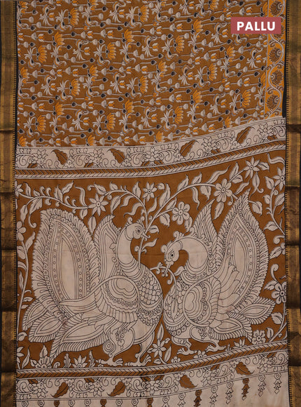 Kalamkari semi silk saree dark beige and black with allover prints and mangalgiri border