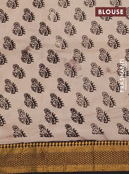 Kalamkari semi silk saree dark beige and black with allover prints and mangalgiri border