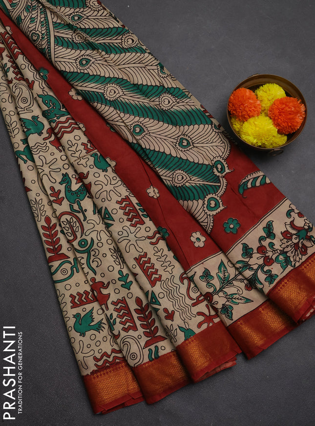 Kalamkari semi silk saree beige and green with allover prints and mangalgiri border
