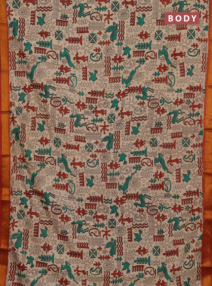 Kalamkari semi silk saree beige and green with allover prints and mangalgiri border