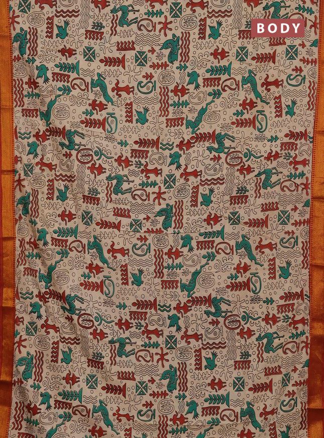 Kalamkari semi silk saree beige and green with allover prints and mangalgiri border