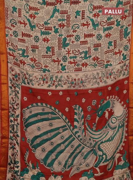 Kalamkari semi silk saree beige and green with allover prints and mangalgiri border