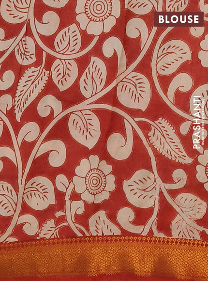Kalamkari semi silk saree beige and green with allover prints and mangalgiri border