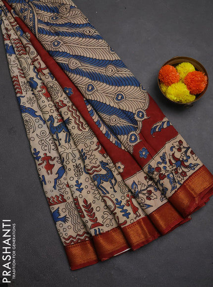 Kalamkari semi silk saree beige and blue with allover prints and mangalgiri border