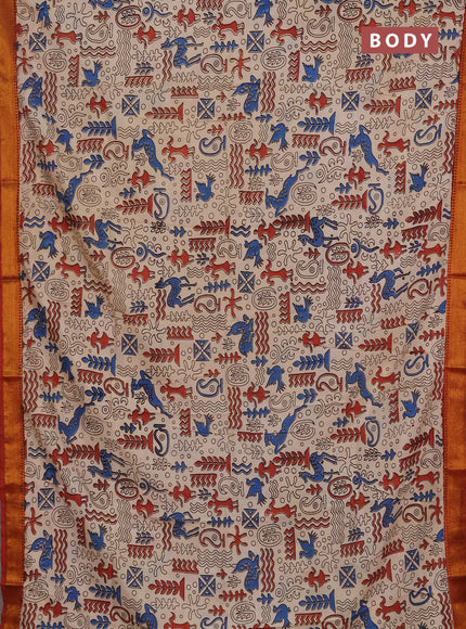 Kalamkari semi silk saree beige and blue with allover prints and mangalgiri border