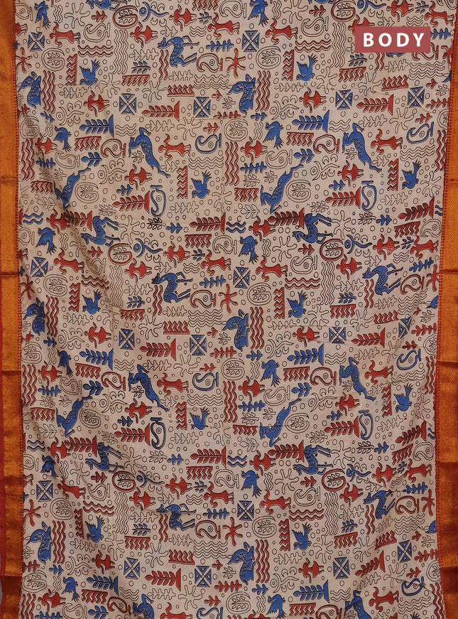 Kalamkari semi silk saree beige and blue with allover prints and mangalgiri border