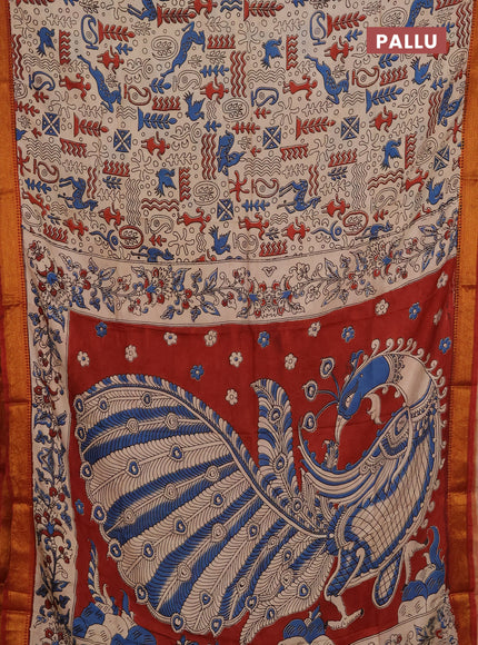 Kalamkari semi silk saree beige and blue with allover prints and mangalgiri border