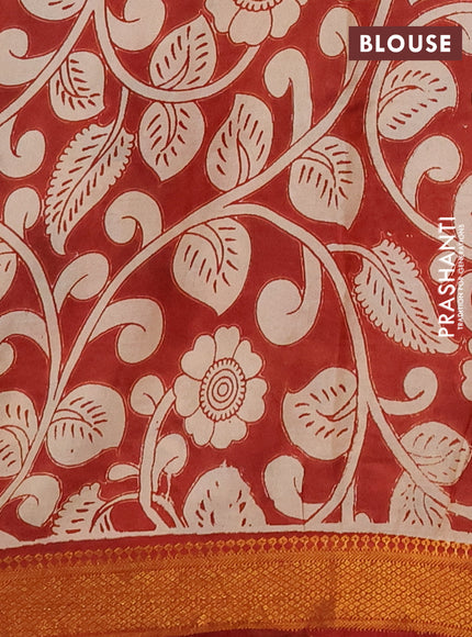 Kalamkari semi silk saree beige and blue with allover prints and mangalgiri border