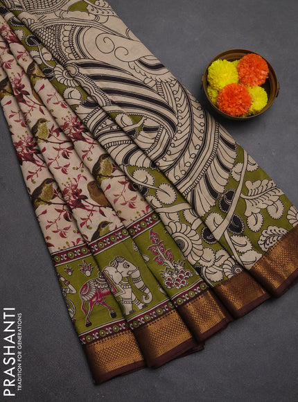 Kalamkari semi silk saree beige blue and coffee brown with allover prints and mangalgiri border