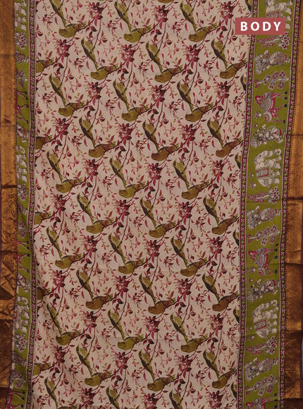 Kalamkari semi silk saree beige blue and coffee brown with allover prints and mangalgiri border
