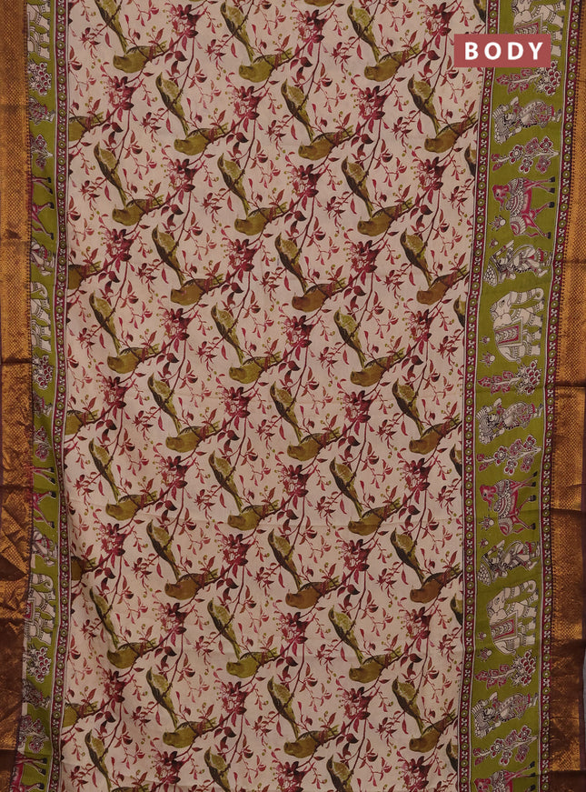 Kalamkari semi silk saree beige blue and coffee brown with allover prints and mangalgiri border