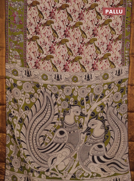 Kalamkari semi silk saree beige blue and coffee brown with allover prints and mangalgiri border