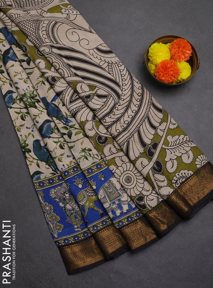 Kalamkari semi silk saree beige blue and black with allover prints and mangalgiri border