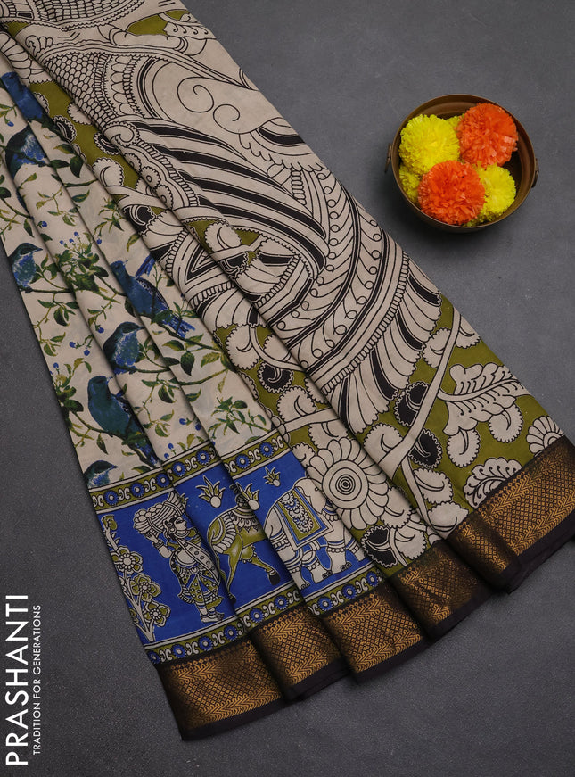 Kalamkari semi silk saree beige blue and black with allover prints and mangalgiri border