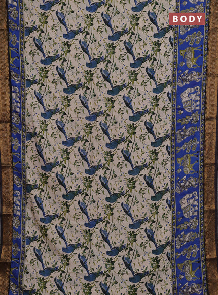 Kalamkari semi silk saree beige blue and black with allover prints and mangalgiri border