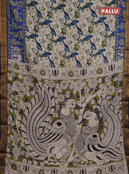 Kalamkari semi silk saree beige blue and black with allover prints and mangalgiri border