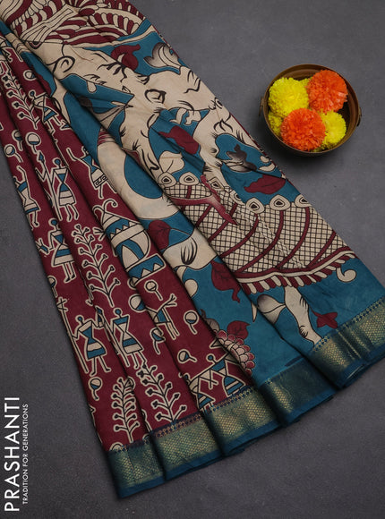 Kalamkari semi silk saree wine shade and teal green with allover prints and mangalgiri border