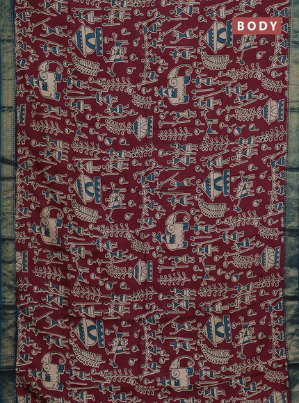 Kalamkari semi silk saree wine shade and teal green with allover prints and mangalgiri border