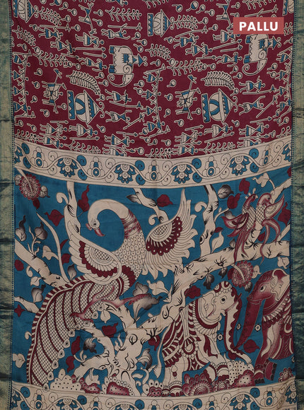 Kalamkari semi silk saree wine shade and teal green with allover prints and mangalgiri border
