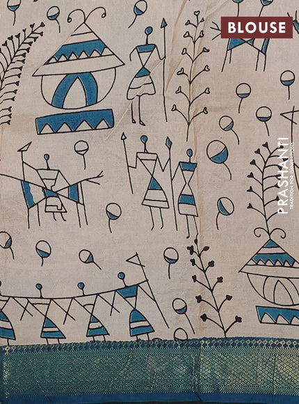 Kalamkari semi silk saree wine shade and teal green with allover prints and mangalgiri border