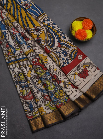 Kalamkari semi silk saree beige and coffee brown with allover prints and mangalgiri border