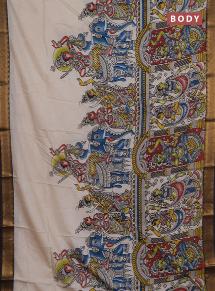 Kalamkari semi silk saree beige and coffee brown with allover prints and mangalgiri border