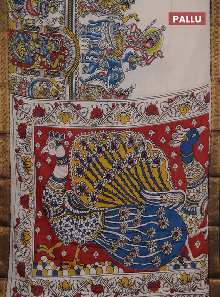 Kalamkari semi silk saree beige and coffee brown with allover prints and mangalgiri border