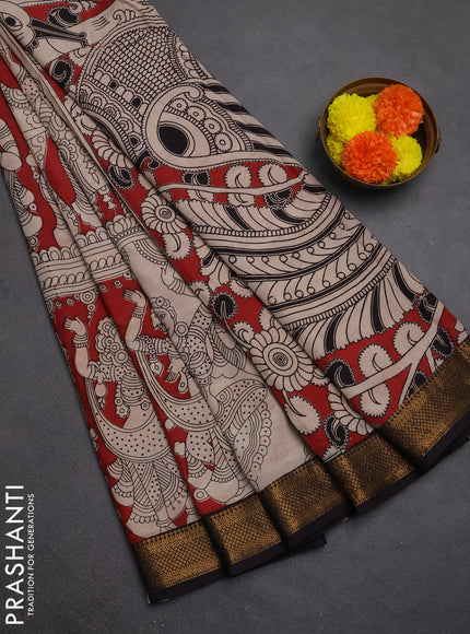 Kalamkari semi silk saree maroon and black with allover prints and mangalgiri border