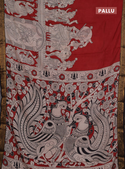 Kalamkari semi silk saree maroon and black with allover prints and mangalgiri border