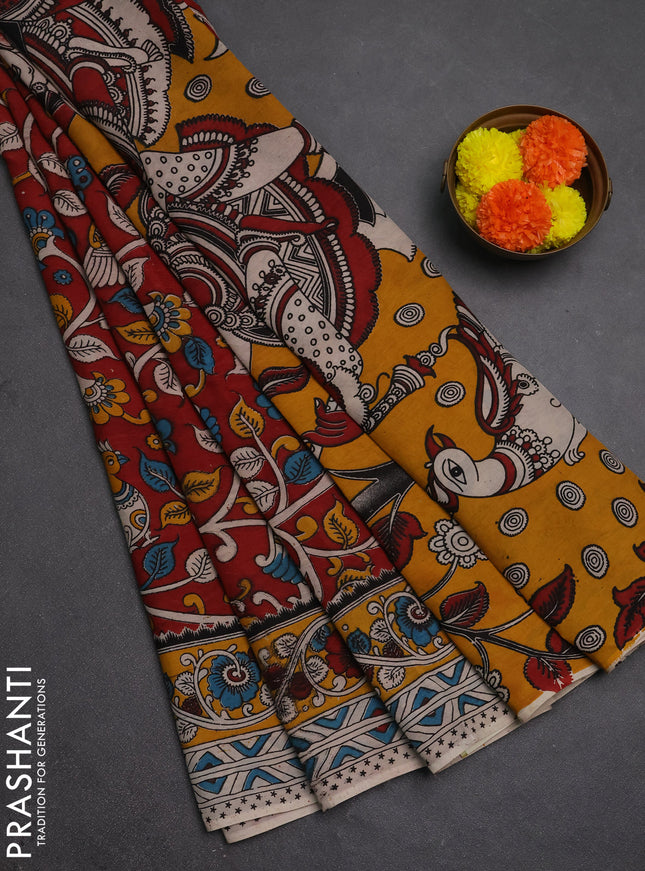 Kalamkari semi silk saree maroon and mustard yellow with allover prints and printed border