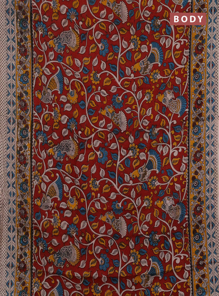 Kalamkari semi silk saree maroon and mustard yellow with allover prints and printed border