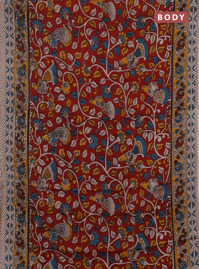 Kalamkari semi silk saree maroon and mustard yellow with allover prints and printed border