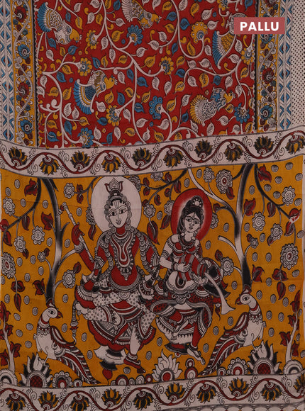 Kalamkari semi silk saree maroon and mustard yellow with allover prints and printed border