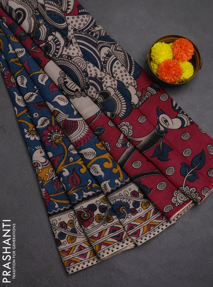Kalamkari semi silk saree peacock blue and beige with allover prints and printed border