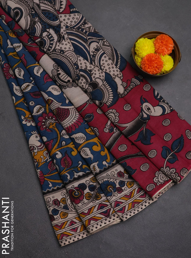 Kalamkari semi silk saree peacock blue and beige with allover prints and printed border