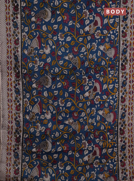 Kalamkari semi silk saree peacock blue and beige with allover prints and printed border
