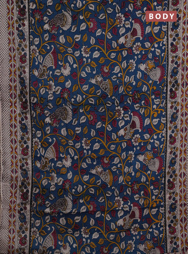 Kalamkari semi silk saree peacock blue and beige with allover prints and printed border