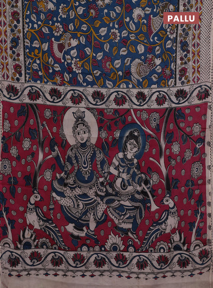 Kalamkari semi silk saree peacock blue and beige with allover prints and printed border