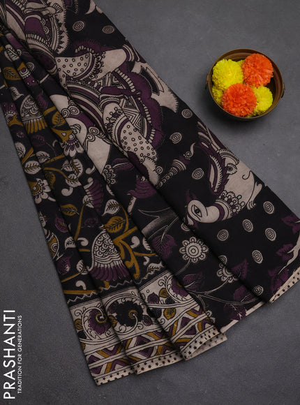 Kalamkari semi silk saree deep purple and beige with allover prints and printed border