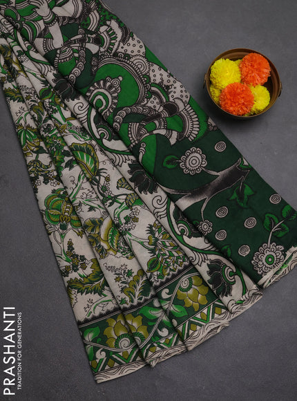 Kalamkari semi silk saree beige and green with allover prints and printed border