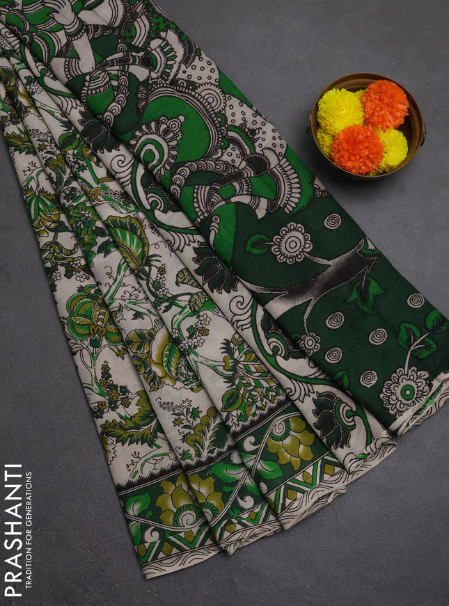 Kalamkari semi silk saree beige and green with allover prints and printed border