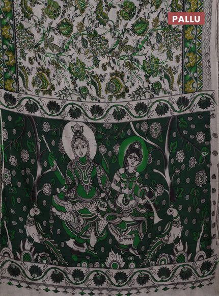 Kalamkari semi silk saree beige and green with allover prints and printed border