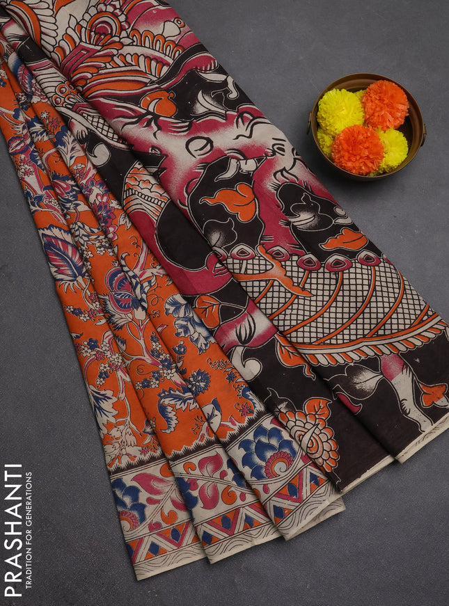 Kalamkari semi silk saree orange and beige with allover prints and printed border