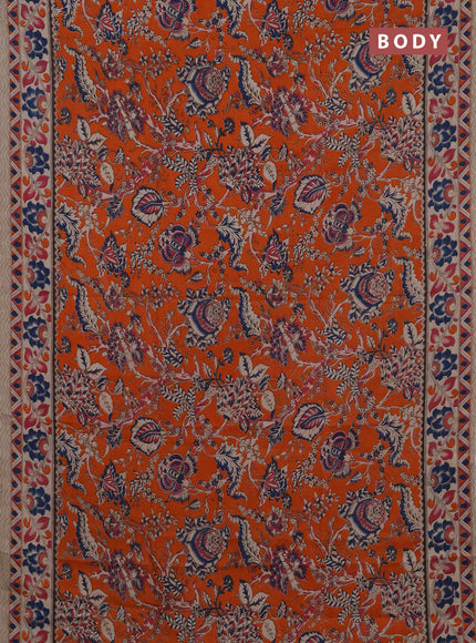 Kalamkari semi silk saree orange and beige with allover prints and printed border