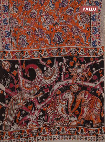 Kalamkari semi silk saree orange and beige with allover prints and printed border