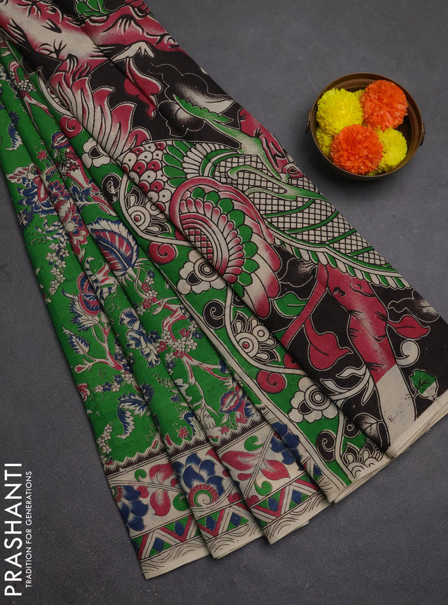 Kalamkari semi silk saree light green and beige with allover prints and printed border