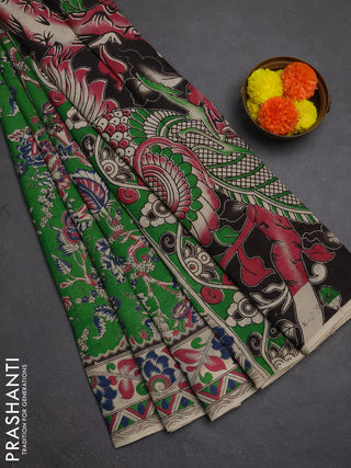 Kalamkari semi silk saree light green and beige with allover prints and printed border