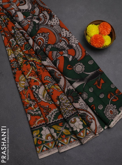 Kalamkari semi silk saree orange and green with allover prints and printed border