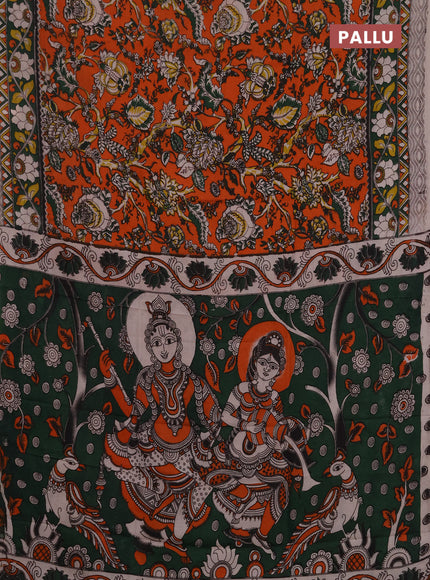 Kalamkari semi silk saree orange and green with allover prints and printed border