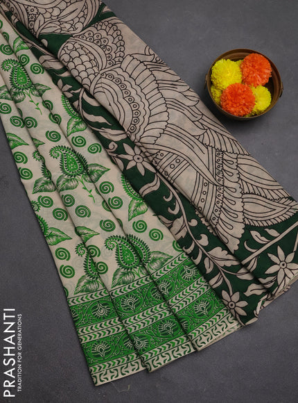 Kalamkari semi silk saree beige and green with allover butta prints and printed border